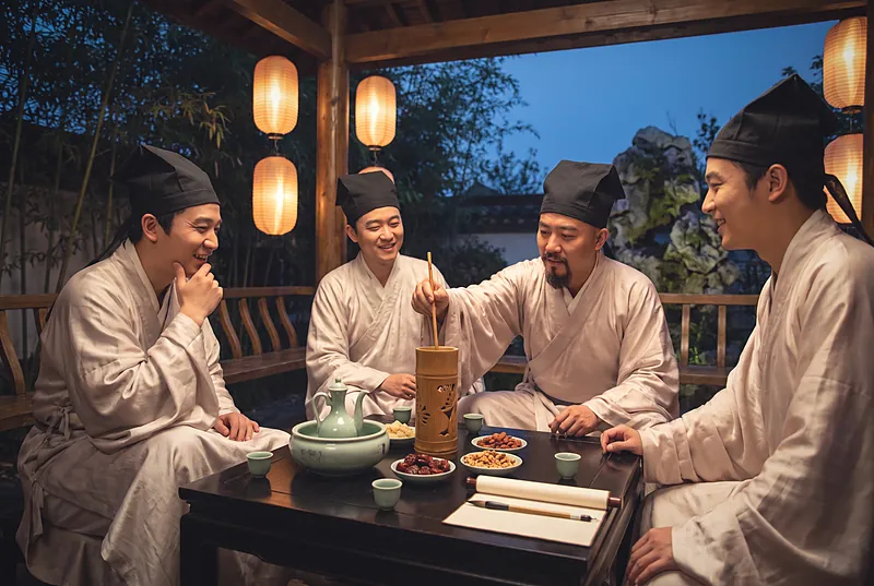 宋代文人围坐宴饮,灯笼映照下,从筒中抽取竹制酒筹行令