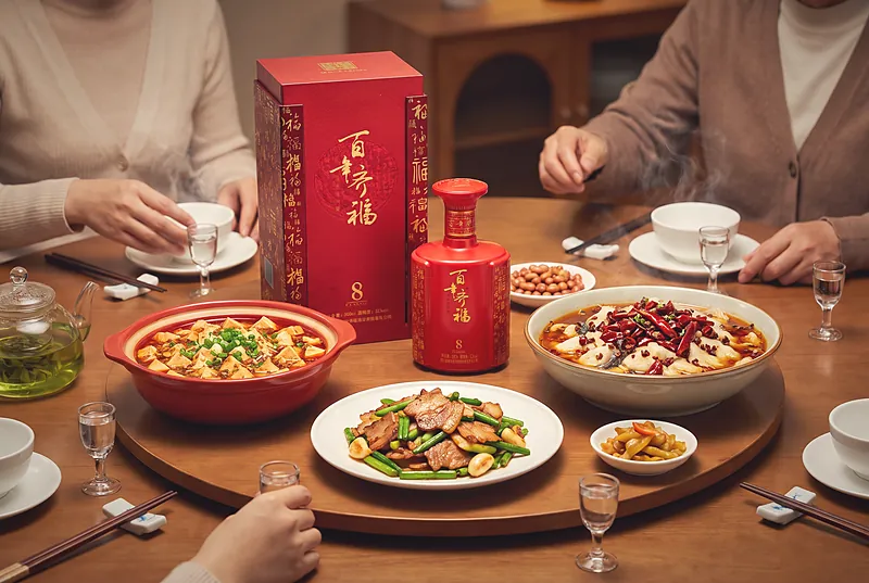 一桌四川家宴:麻婆豆腐、回锅肉、水煮鱼,旁边摆着百年齐福·8和几只小酒杯