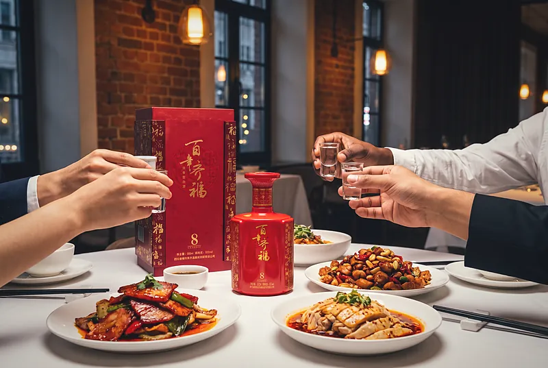 欧洲餐厅的餐桌上摆着川菜和白酒小杯,来自不同国家的客人举杯