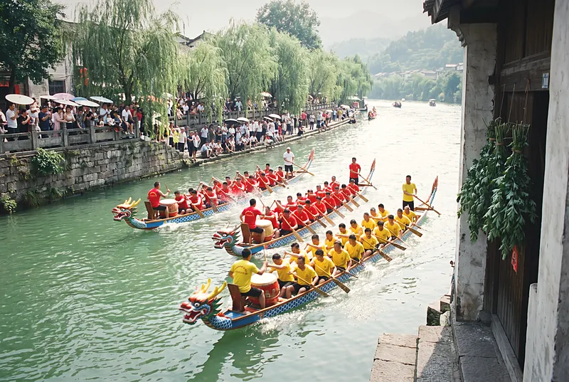 初夏四川的绿色河面上,彩色龙舟竞渡,鼓手击鼓,岸边观众热闹围观