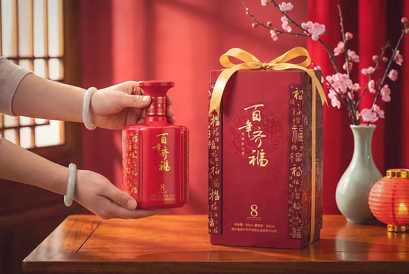 双手捧着系金色缎带的红色酒礼盒,背景是喜庆的红色与梅花