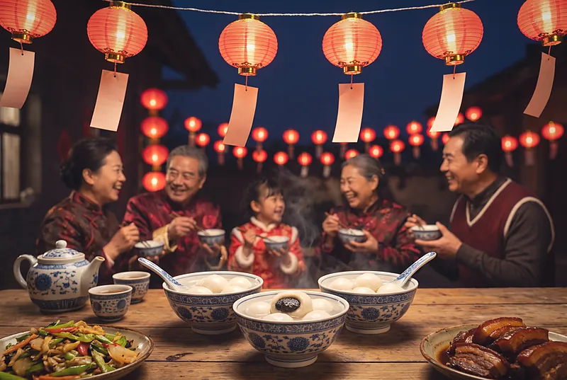 夜晚家宴桌上的芝麻汤圆,上方挂着系有谜条的灯笼