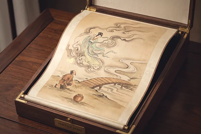 琼浆仙子与齐福在马尾河畔(工笔水墨插画)
