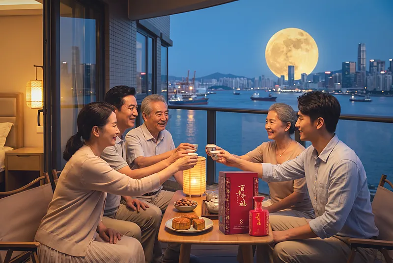 满月从海港城市的天际线上升起，一家人在阳台上举杯，桌上摆着月饼和一瓶百年齐福·8