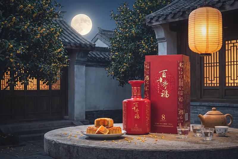 满月高悬中式庭院,桂花树下的石桌上摆着月饼、小酒杯和一瓶红色的百年齐福·8