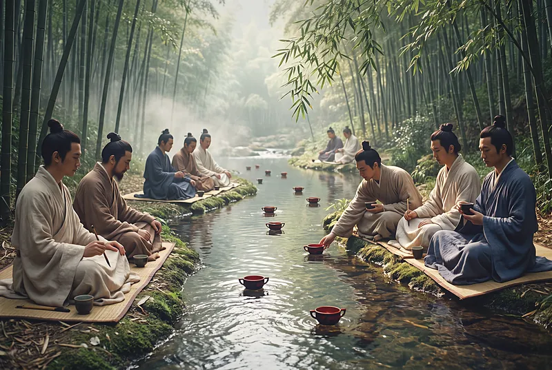 春日竹林中,身着晋代长袍的文人沿蜿蜒溪水列坐,小漆杯在水面漂流