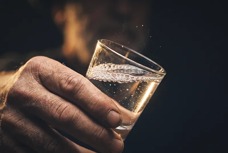 深色背景下,酿酒师的手轻晃一只玻璃小杯,清澈酒液表面泛起细密的酒花