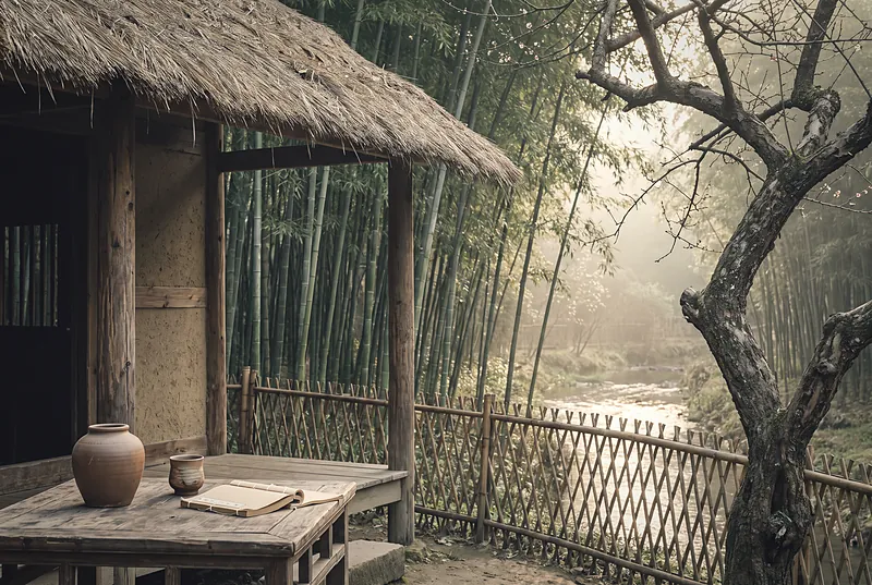 成都杜甫草堂的茅屋掩映在竹林与梅树间,小桌上放着一只酒坛