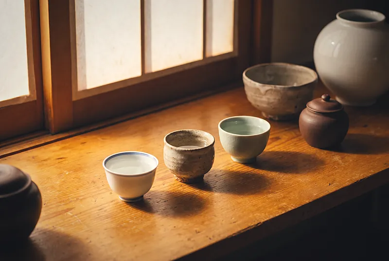 木质吧台上并排三只盛着清澈烈酒的小杯,旁边是中国、日本与韩国风格的陶瓷器