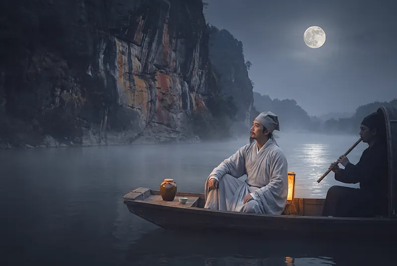 月夜赤壁之下,一位宋代文人坐在小舟上,身旁放着一只小酒坛,水墨写实风格