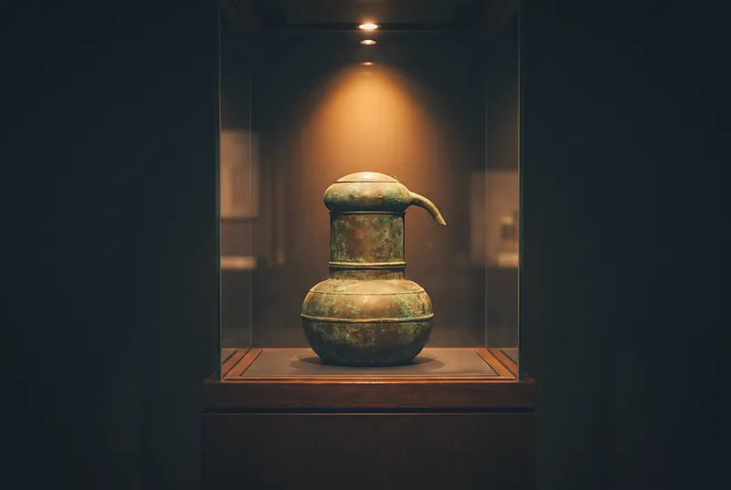 博物馆展柜中的古代中国青铜蒸馏器,暖色聚光灯照明