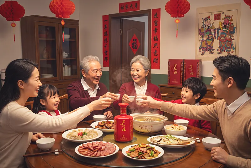除夕年夜饭桌,三代同堂围坐,满桌菜肴间摆着百年齐福·8红色酒瓶,背景有红灯笼和春联