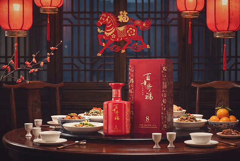 新春餐桌上的红金色骏马剪纸与红灯笼