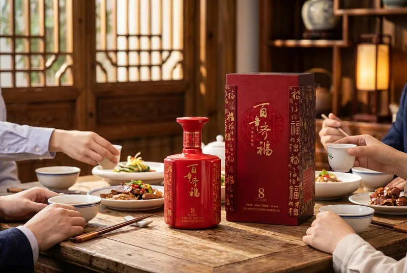 A traditional Chinese farewell banquet on a wooden table featuring a red porcelain bottle of Bainian Qifu baijiu